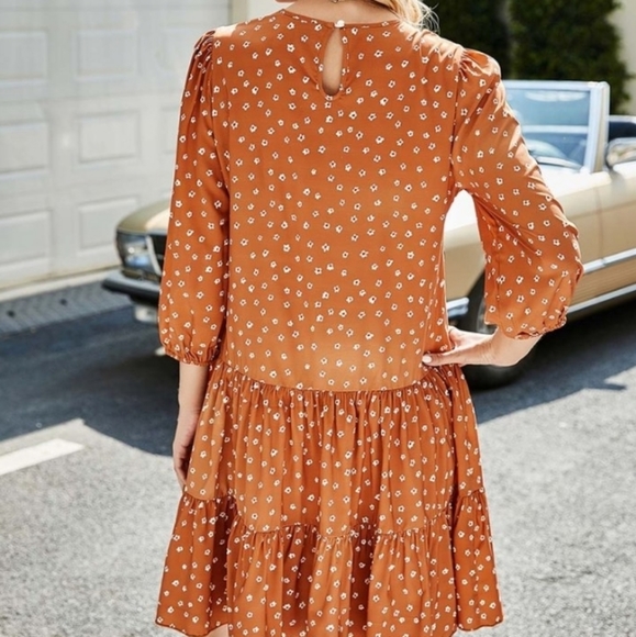 Orange Floral Tiered Ruffle Hem 3/4 Sleeve Dress - Picture 5 of 6